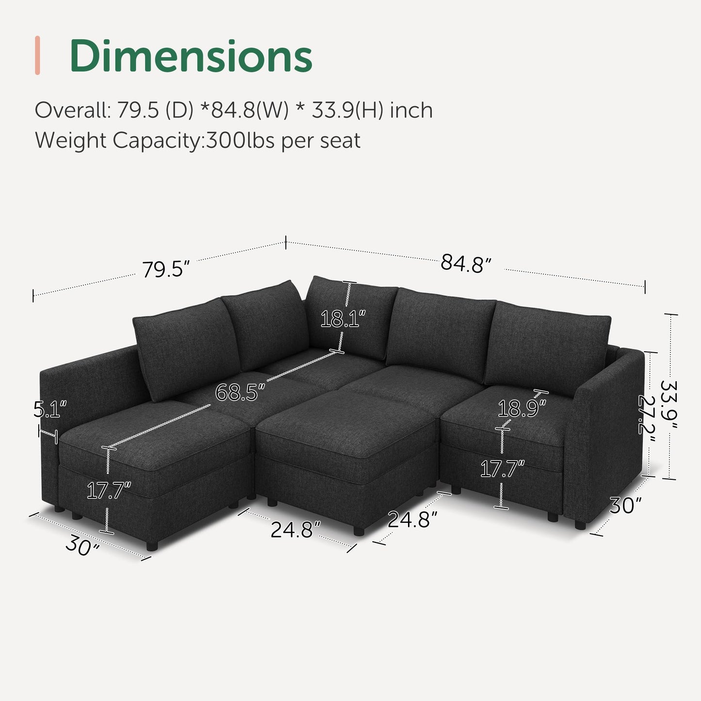 HONBAY Modular Sectional Sofa L Shaped Sectional Couch with Storage, Convertible Couches for Living Room - Linen Grey