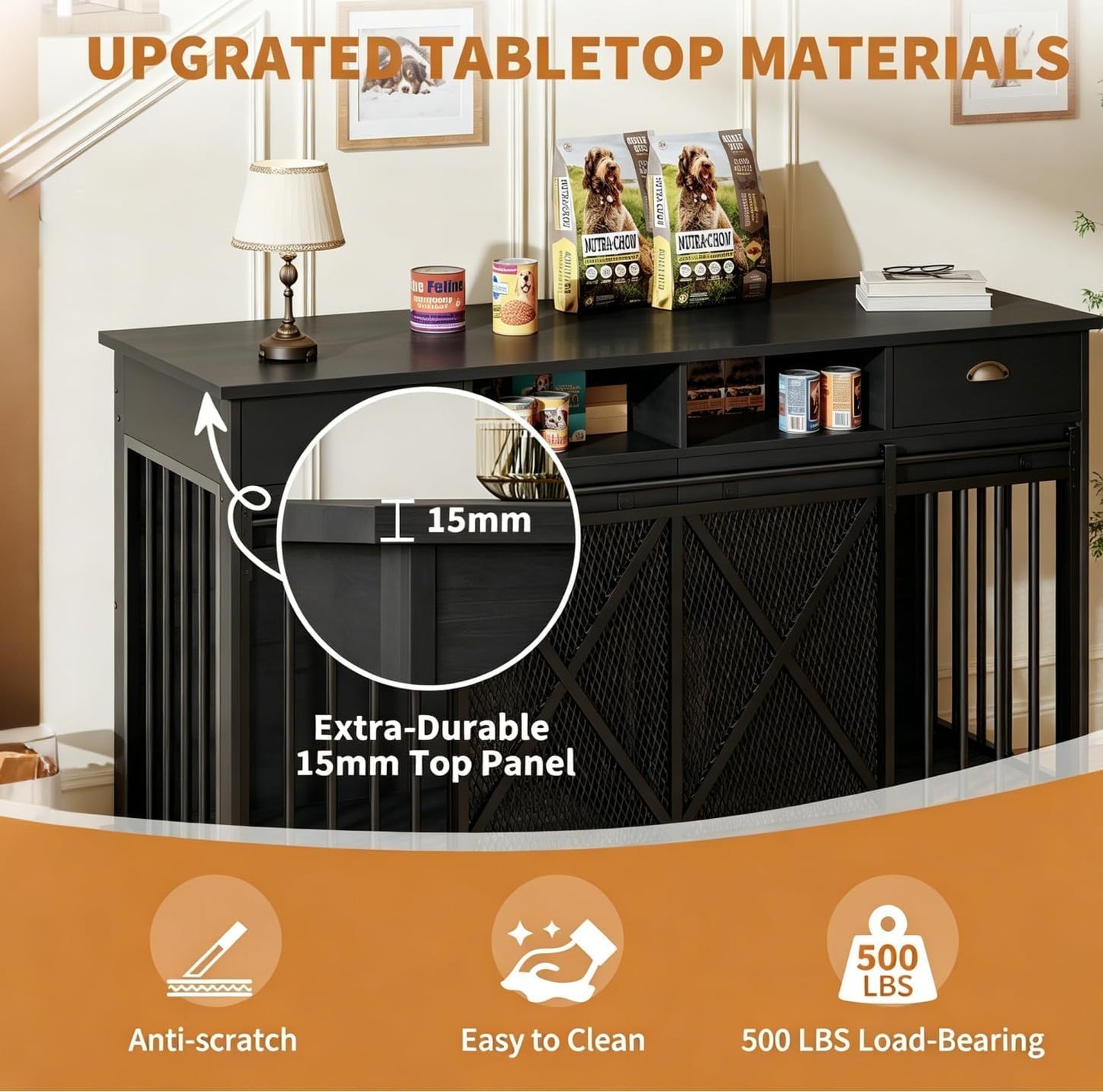 63" Large Dog Crate Furniture, Heavy Duty Indoor Dog Kennel with Removable Divider, Sliding Doors, 2 Drawers and Open Shelves, Decorative TV Stand for Living Room, Black