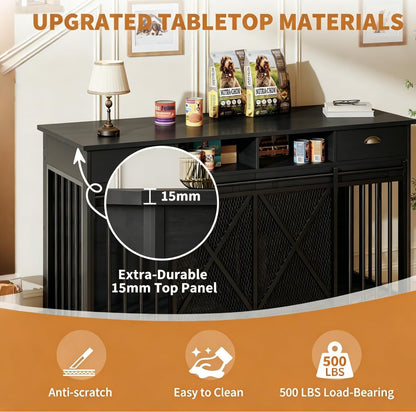 63" Large Dog Crate Furniture, Heavy Duty Indoor Dog Kennel with Removable Divider, Sliding Doors, 2 Drawers and Open Shelves, Decorative TV Stand for Living Room, Black