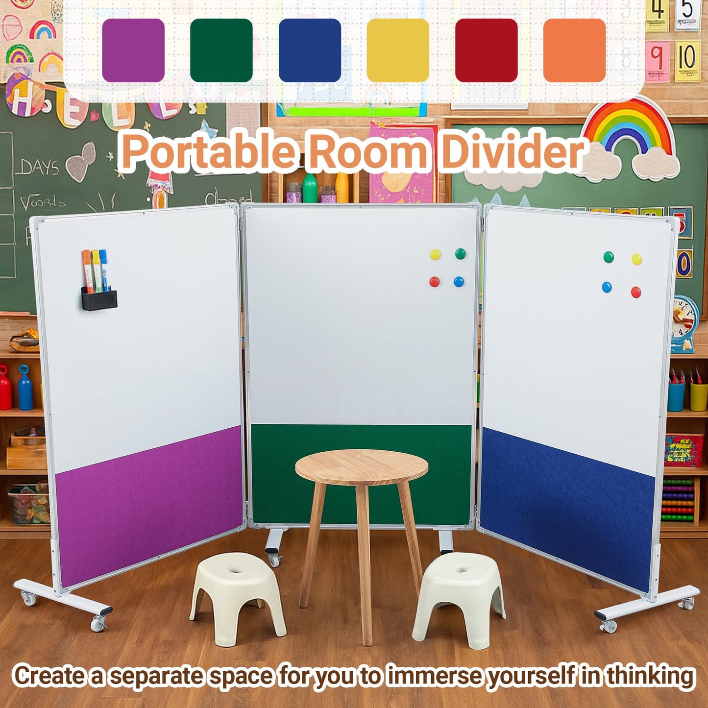 AmazingSpark Set of 3 Classroom Dividers for Room Separation, 4 x 8 ft Short Play Panels for Room Divider, Double-Sided Magnetic Dry Erase Board and Felt Board for Preschool(Bright)