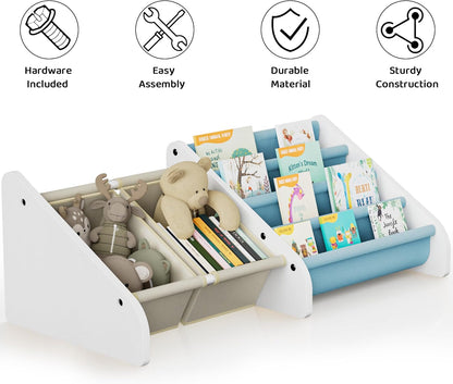 4-Tier Polegas Montessori Kids Bookshelf - Toddlers Bookshelf with Tear-Proof Oxford Sling, Book Shelf for Kid Rooms