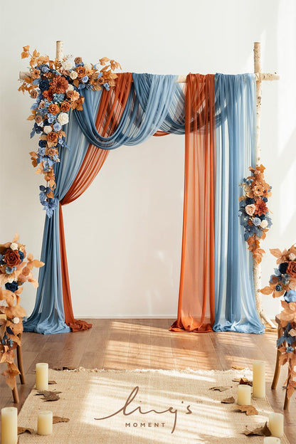 Ling's moment Fall Wedding Arch Flowers with Sheer Drapes Kit - Artificial Orange and Navy Blue Floral Arrangements for Ceremony Backdrop, Arbor Decor, 5-Piece Set (2 Flower Stems + 3 Hanging Drapes)