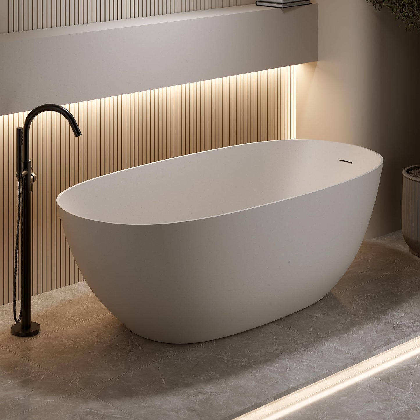 KEIKI 69" Freestanding Bathtub, Resin Stone Soaking Bathtub Solid Surface Modern Tubs with Overflow and Pop-up Drain, Beige