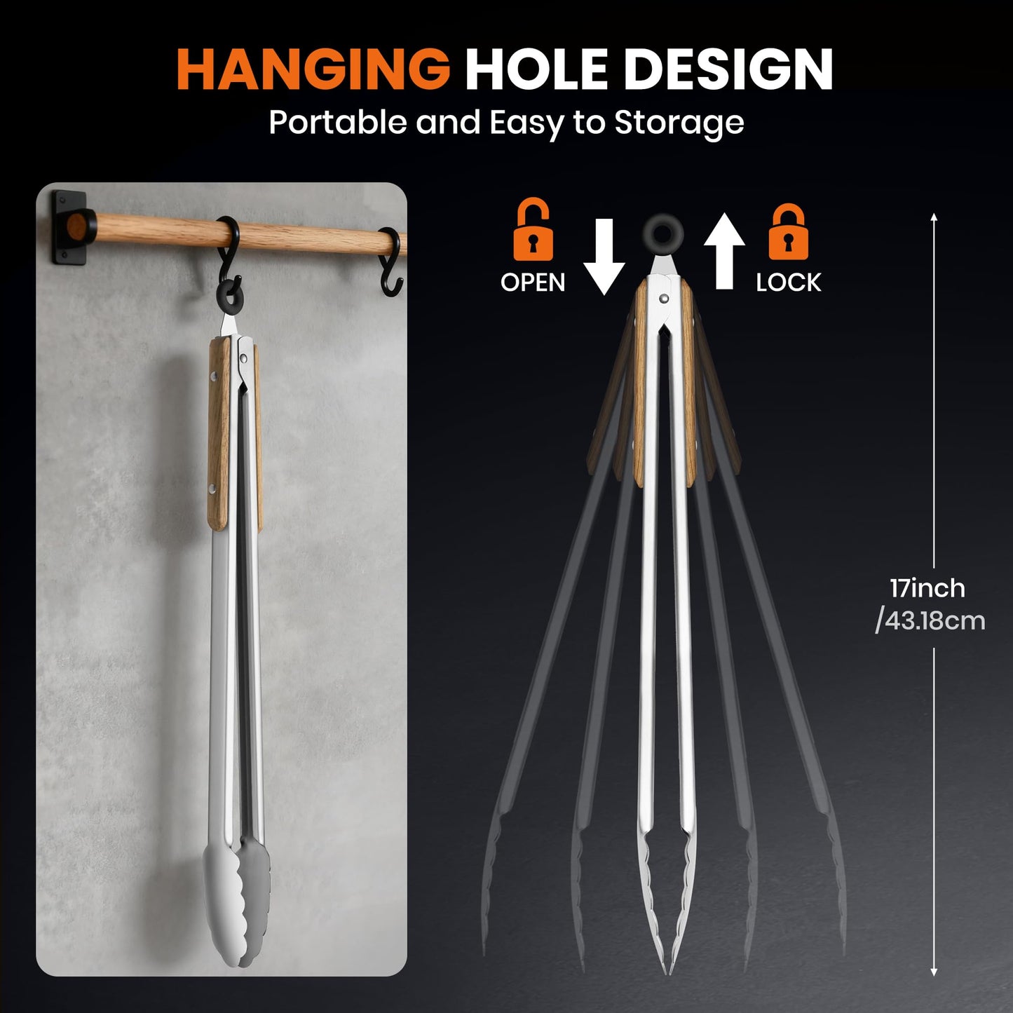 17-Inch Grill Tongs - Locking Metal Tongs with Oak Wood Handles,Stainless Steel Kitchen Tongs for Cooking,Long Tongs for Grilling,BBQ,Serving and Outdoor Barbecue,Heavy Duty,Heat-Resistant and Durable