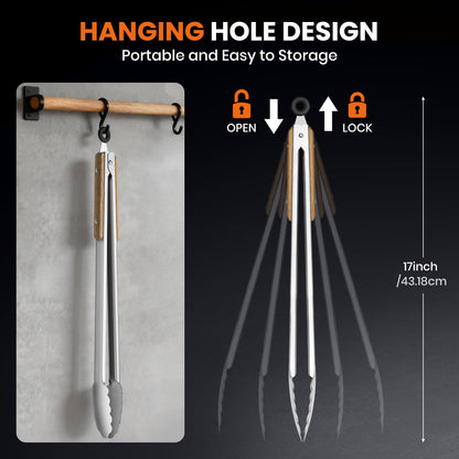 17-Inch Grill Tongs - Locking Metal Tongs with Oak Wood Handles,Stainless Steel Kitchen Tongs for Cooking,Long Tongs for Grilling,BBQ,Serving and Outdoor Barbecue,Heavy Duty,Heat-Resistant and Durable