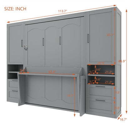 Merax Queen Size Murphy Bed with Desk, Multifunctional Foldable Wall Bed with Closet, Drawers and Shelves, Space-Saving Wood Platform Bed Frame for Small Spaces Studio Study Office Guest Room, Gray