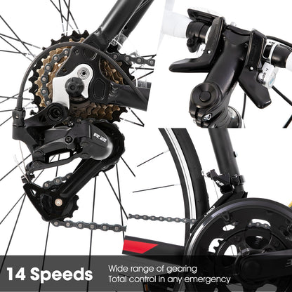 HILAND 14 Speeds 700C Road Bike, Light Weight Aluminum Frame Sport Bike, Racing Bike for Men Women Adult Bicycle 57 CM Frame Black