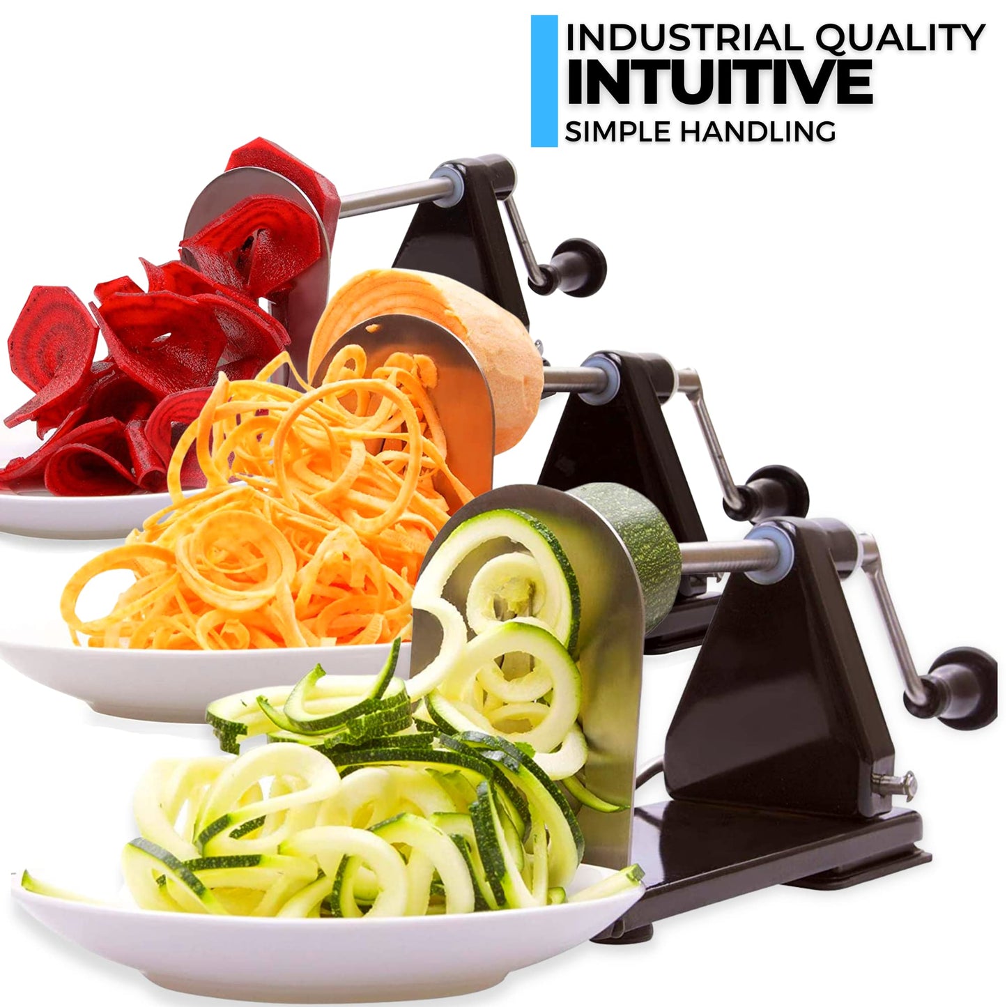 ICO 4-Blade Spiralizer Vegetable Slicer and Curly Fries Maker, Stronger than all Plastic Spiralizers with 3 Interchangeable Blades and 1 Built-In, Black