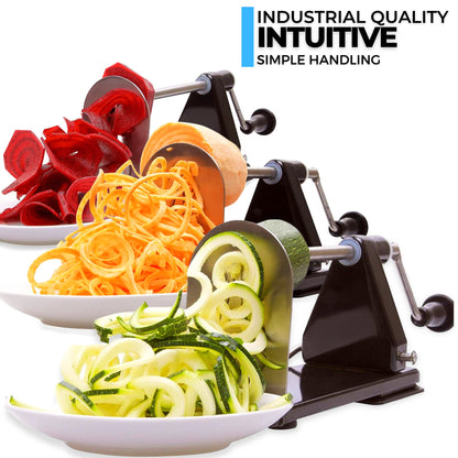 ICO 4-Blade Spiralizer Vegetable Slicer and Curly Fries Maker, Stronger than all Plastic Spiralizers with 3 Interchangeable Blades and 1 Built-In, Black