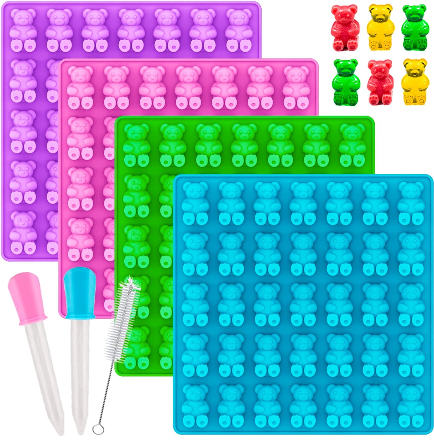 HKUCFTT Large Gummy Bear Molds 4 ml - Food-Grade Non-Stick Silicone Candy Chocolate Molds Fruit Snacks Molds BPA-Free with 2 Droppers & 1 Cleaning Brush, Set of 4