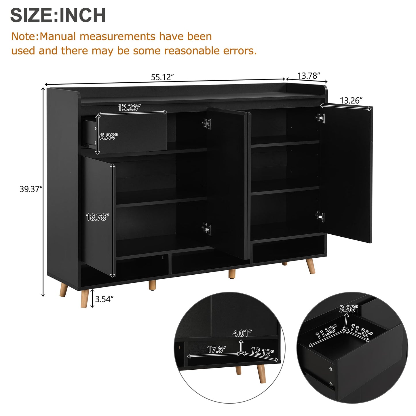 Ball & Cast 55" Modern Shoe Cabinet with Doors and Drawer, Freestanding Shoes Rack with Solid Wood Legs & Adjustable Shelf, Storage Sideboard for Entryway,Living Room,Hallway,Bedroom Black