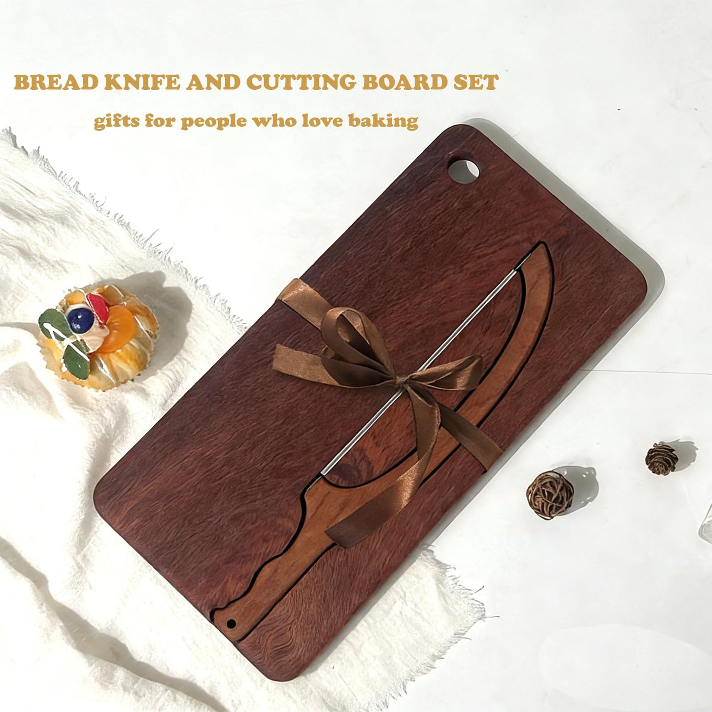 Bread Bow Knife for Homemade Bread, Bread Cutter and Wooden Board Set,Bread Cutting Board with Crumb Tray,Universal Left Right Handed Design,Kitchen Gadgets Gifts for People who Love Baking