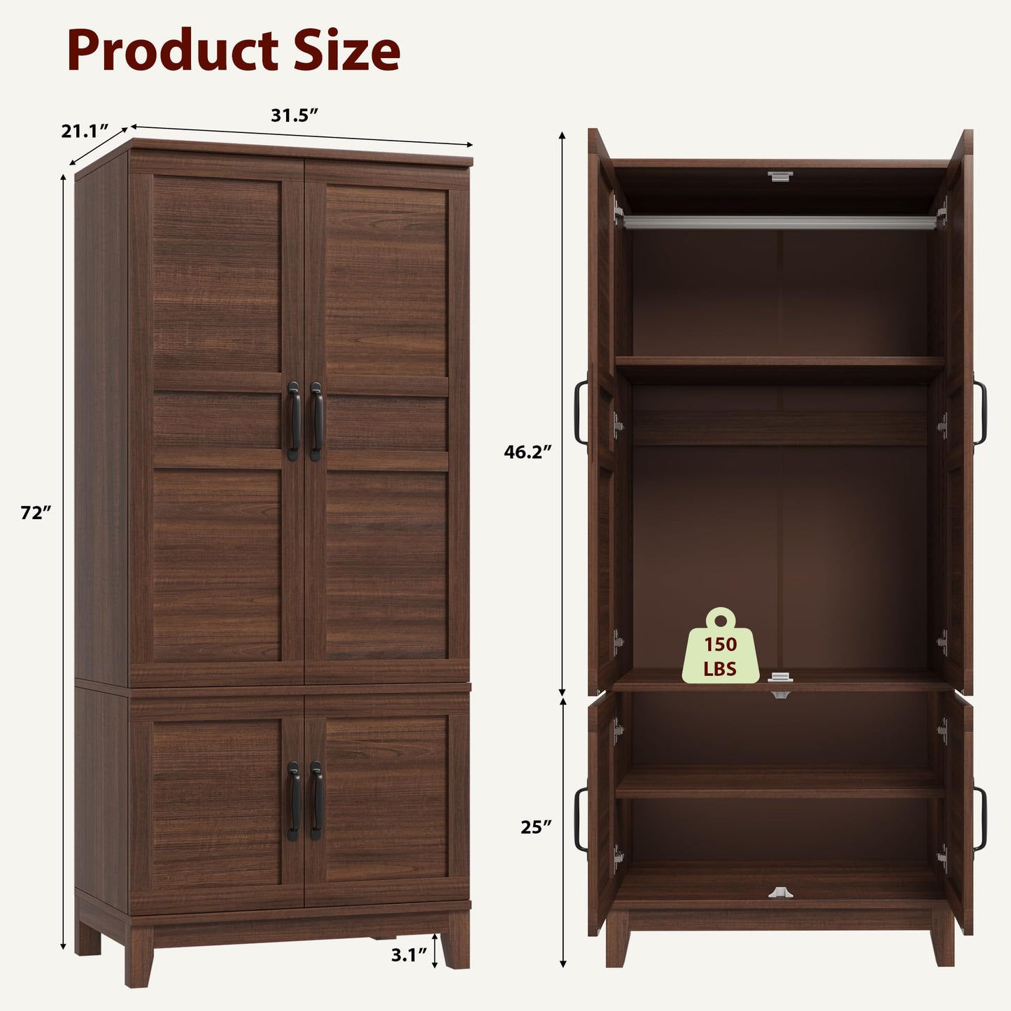 GarveeHome 72" Tall Armoire Wardrobe Closet with 4 Doors, Large Wooden Wardrobe Cabinet with Hanging Rod and Adjustable Shelves, Freestanding Clothing Storage Cabinet for Bedroom, Walnut Brown