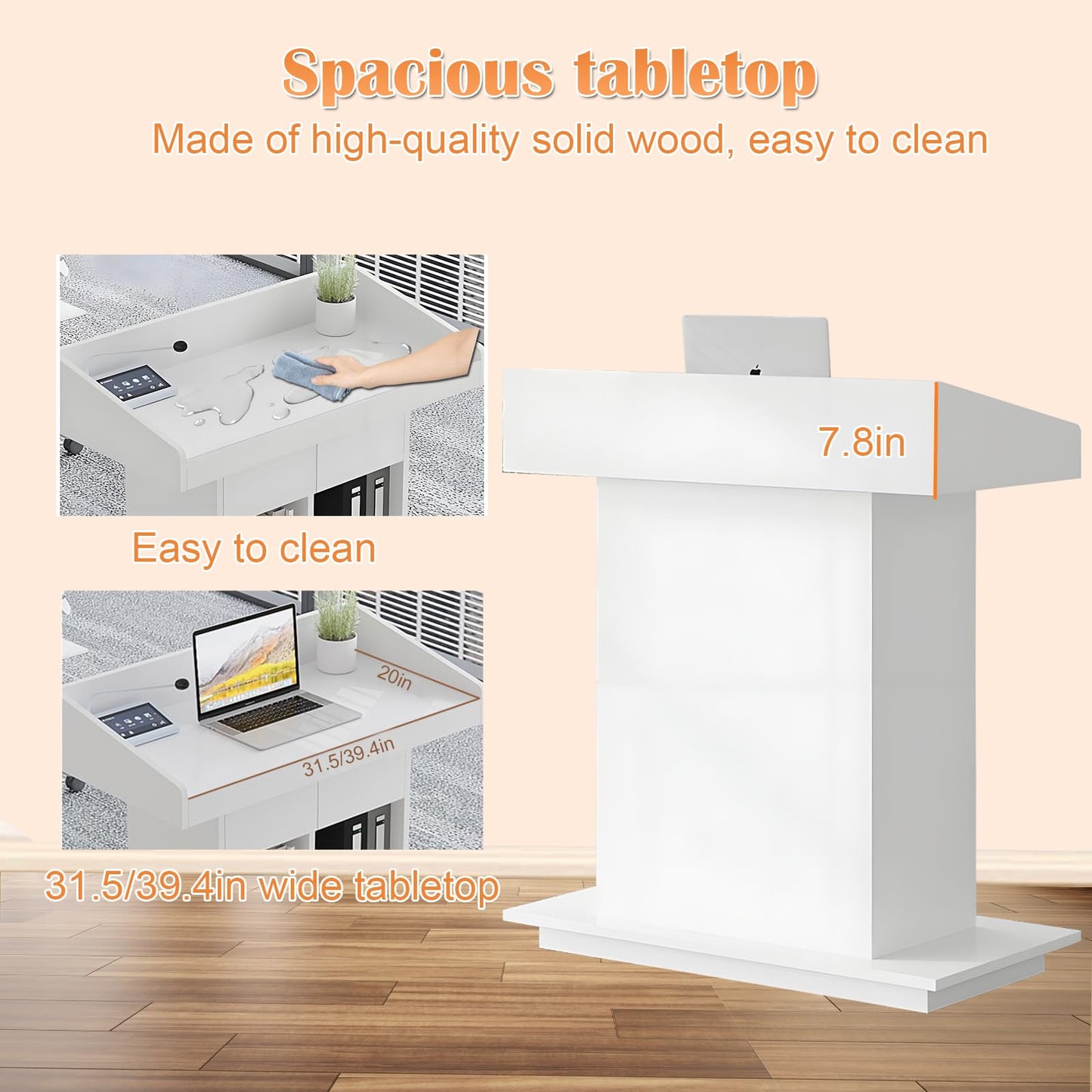 Wooden Podium Stand, Lecterns & Podiums with Storage Shelves and Drawer, Pulpits for Churches Classrooms and Conferences, Easy to Clean and Install (White, 39.4in)