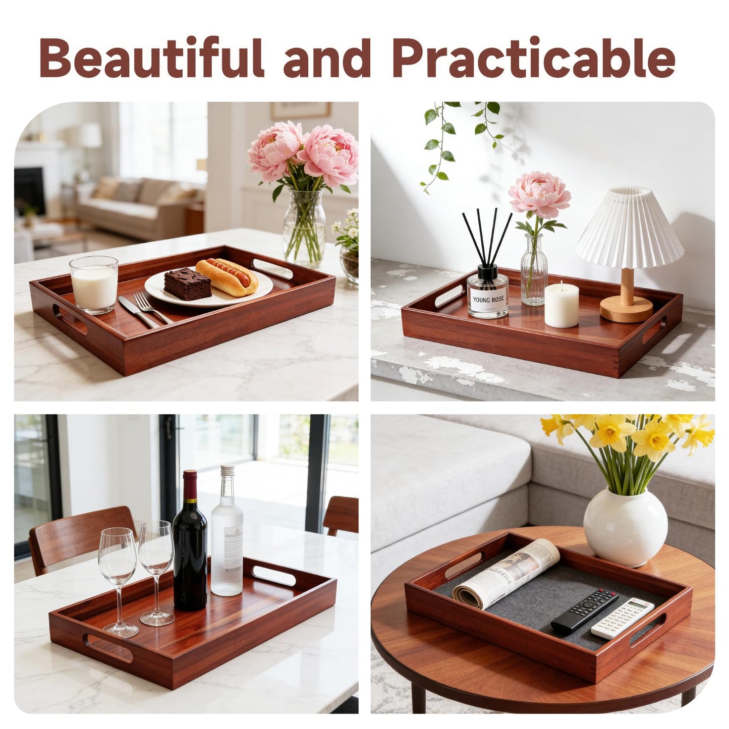 Acacia Wood Serving Tray with Handles, 17 x 12 Inch Large Wooden Tray for Food & Drinks, Coffee Table, Ottoman, Breakfast in Bed – Includes Free Leather Mat