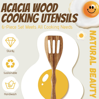 6 Piece Acacia Wood Cooking Spoons Set - Non Stick Wooden Utensils with Slotted Spoon, Salad Fork, Spatula, Pasta Server