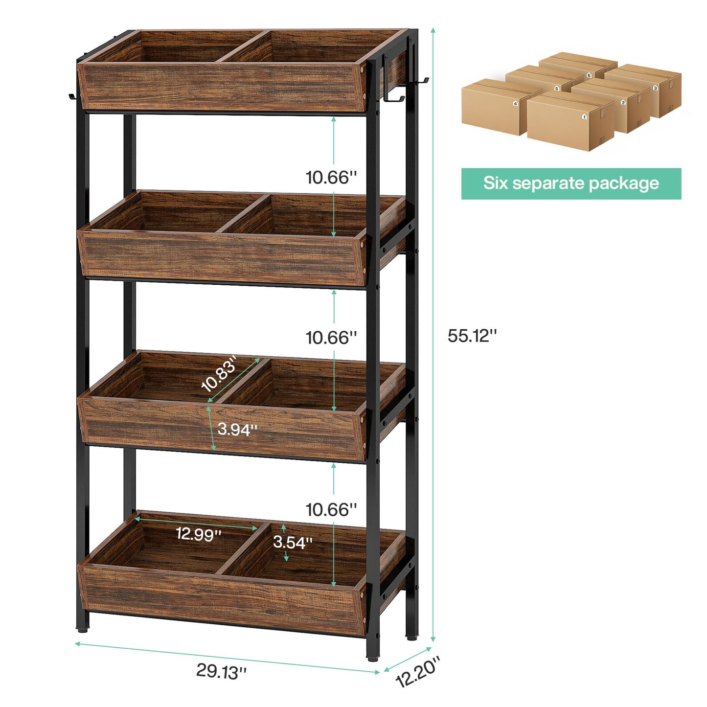 Tribesigns 4-Tier Retail Display Rack Set of 6, Heavy-Duty Commercial Display Stand for Candy, Vegetables, Snacks, Industrial Storage Shelf with Hooks for Retail Store (6, Brown+Black)