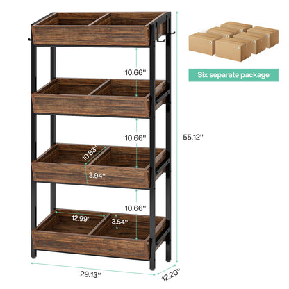 Tribesigns 4-Tier Retail Display Rack Set of 6, Heavy-Duty Commercial Display Stand for Candy, Vegetables, Snacks, Industrial Storage Shelf with Hooks for Retail Store (6, Brown+Black)