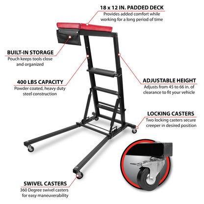 Performance Tool W85038 High Top Adjustable Creeper to Work On Vehicles, Black/Red, 45-66-inch Height