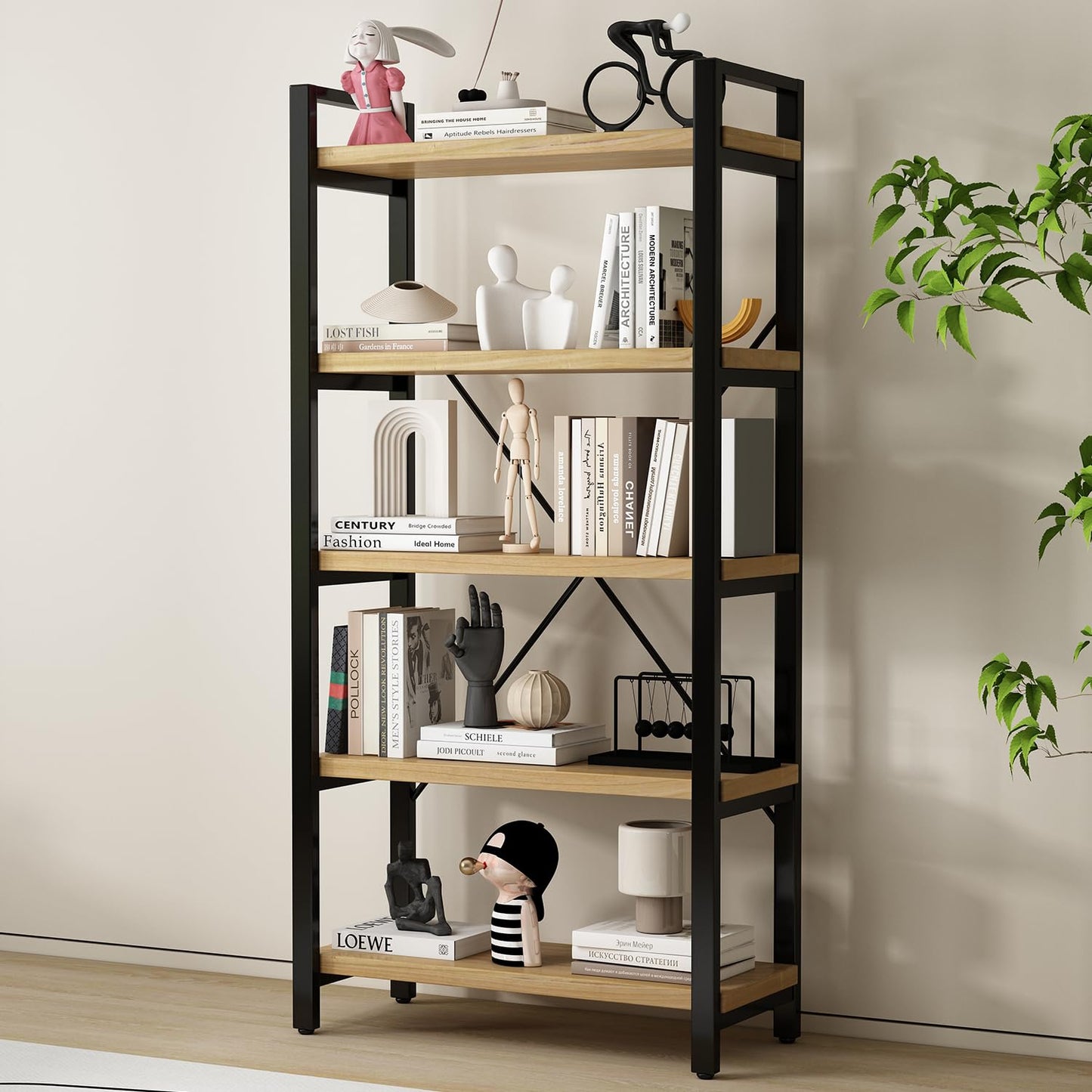 WH-AOERPUMY Real Solid Wood Bookshelf Shelves Rustic Vintage Industrial Etagere Bookshelf, Metal & Timber Free Vintage Bookcase, (Genuine Timber) (5-Tiers-Natural Finish)