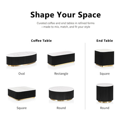 Furniture of America Beryl Modern Square White Genuine Marble Top Coffee Table with Fluted Pedestal Base and Gold Stainless Steel Accent, Low Profile Table for Living Room, Home Office, Black