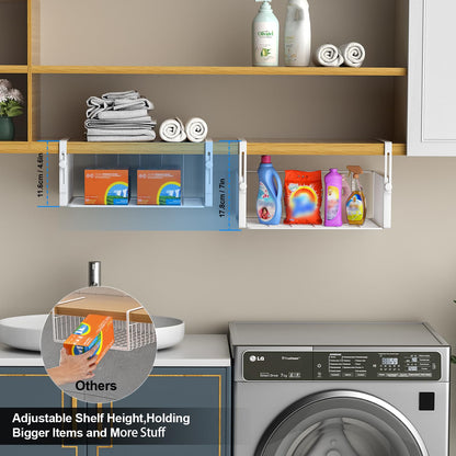 AmonHouseware 2Pack Under Shelf Basket Organizer,Adjustable Hanging Holder Storage for Cabinet Pantry Kitchen Cupboard Desk Counter Bookshelf Organization Add-on Space Saver Heavy Duty Slide-in,White