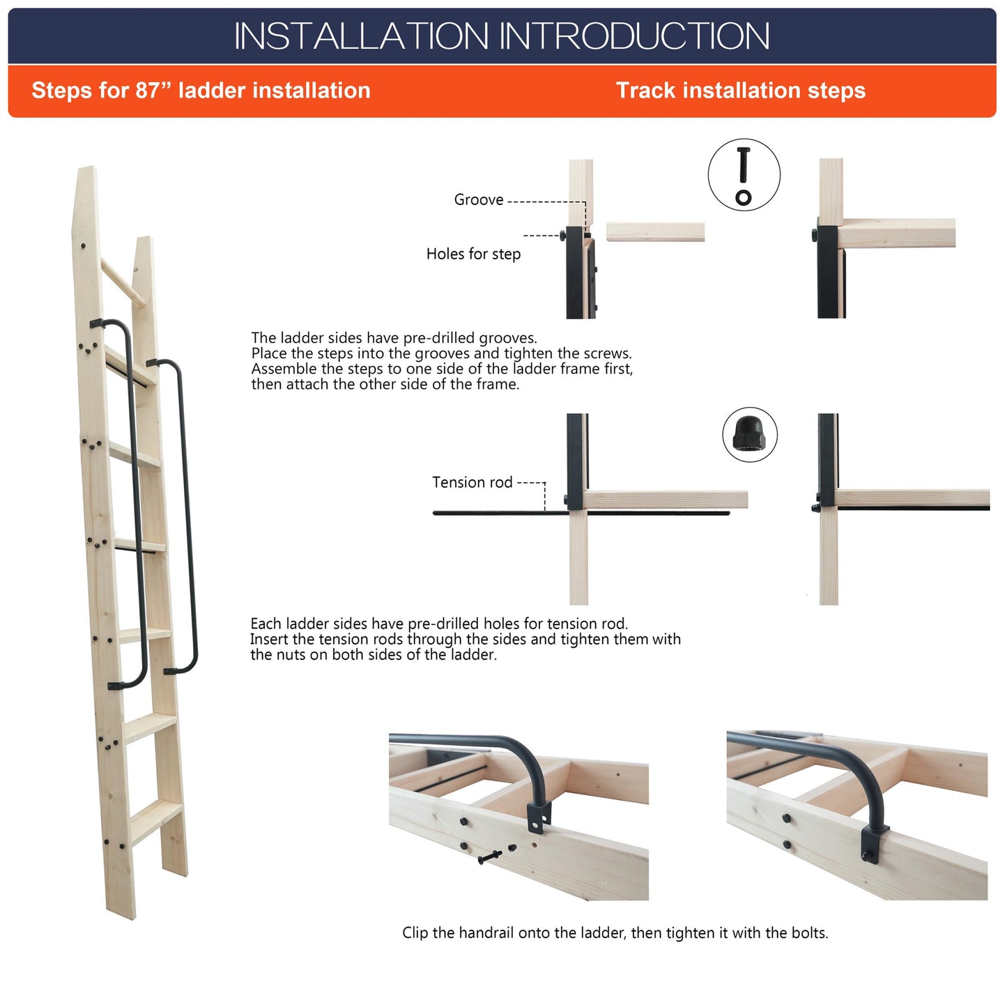 HARDJULAN 87" Knotty Pine Wood Library Ladder with Black Handrail – 300 lbs Capacity, Unfinished for Painting or Staining
