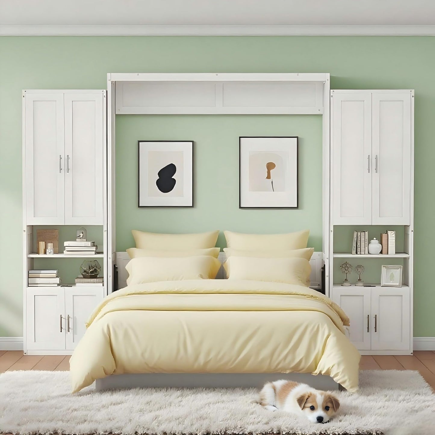 DNYN Queen Size Murphy Bed with Desk & Two Slide Storage Shelf for Small Space,Bedroom,Guest Room,Wooden Wall Bedframe w/Folding into Cabinet Design,Super Save Space & No Box Spring Needed, White