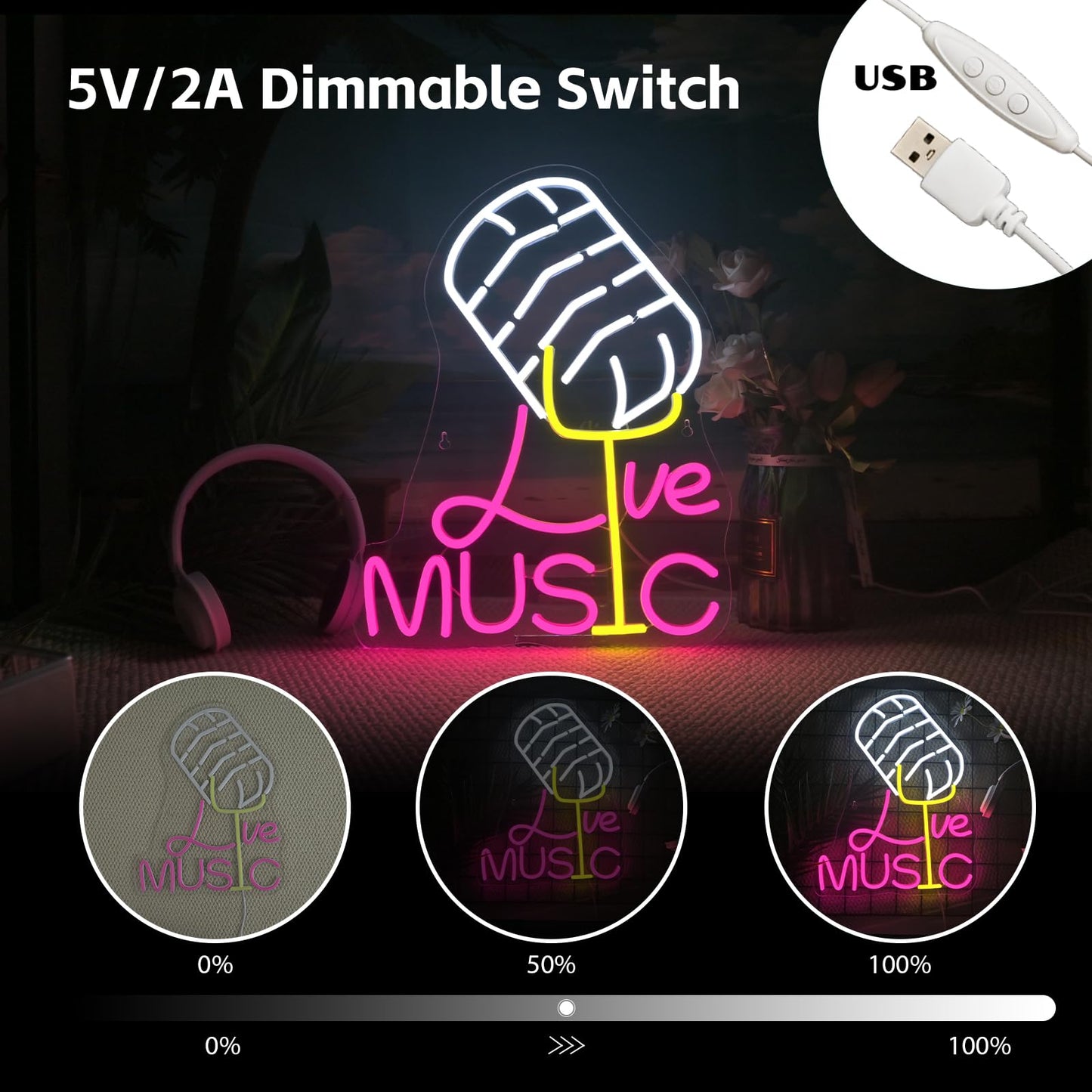 LooKLight Guitar Rock and Roll Neon Sign,Neon Light Sign,Led Neon Light for Wall Decor,Guitar Shape Light Up Sign,USB Neon for Bar Live Music Vocal Recital Concert Man Cave