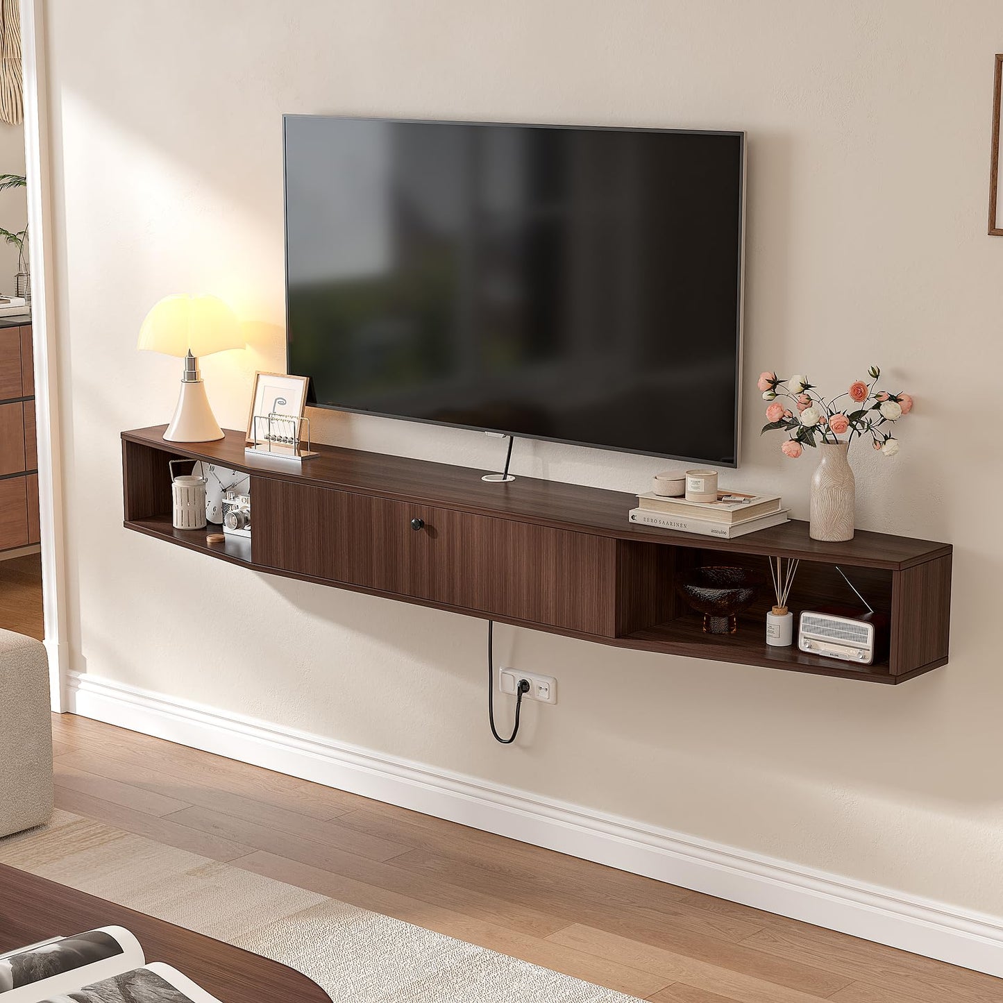 FloatiCasa 78inch Floating TV Stand, Plywood Wall Mounted Media Console with 1 Flip Down Door & 5 Open Shelves, Modern Floating Entertainment Center with Wire Management for Living Room, Walnut