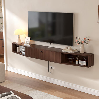 FloatiCasa 78inch Floating TV Stand, Plywood Wall Mounted Media Console with 1 Flip Down Door & 5 Open Shelves, Modern Floating Entertainment Center with Wire Management for Living Room, Walnut
