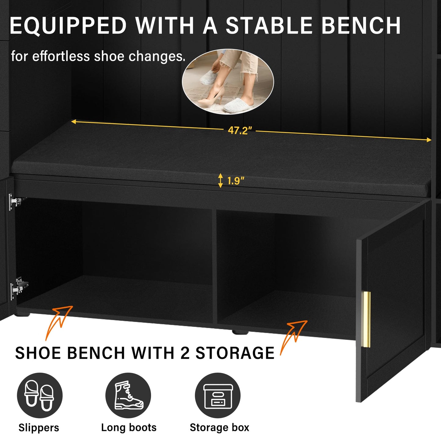 Amposei 94.49’’W Extra Large Hall Tree Cabinet with 6 Doors & 3 Drawers, Tall Entryway Organizer Shoe Storage Bench with 4 Coat Hooks & 6 Open Cubbies for Hallway Mudroom Living Room, Black