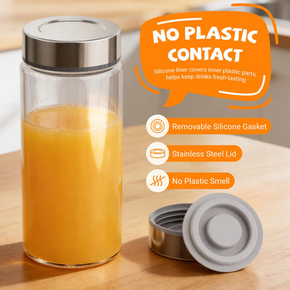 Cafezi 16 oz Wide Mouth Glass Juice Bottles with Stainless Steel Lids, Leakproof, Airtight, Reusable, Dishwasher Safe, Cup Holder Friendly, Brush Included, for Juicing, Smoothie, Infused Water, 4 Pack