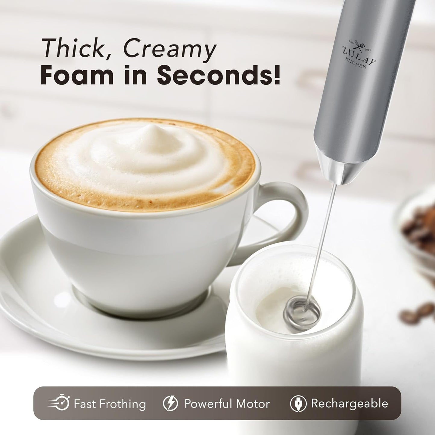 Zulay Kitchen Rechargeable Milk Frother - Powerful 2-Speed Mixer with 4 Whisks | Waterproof, 2000mAh Battery - Silver