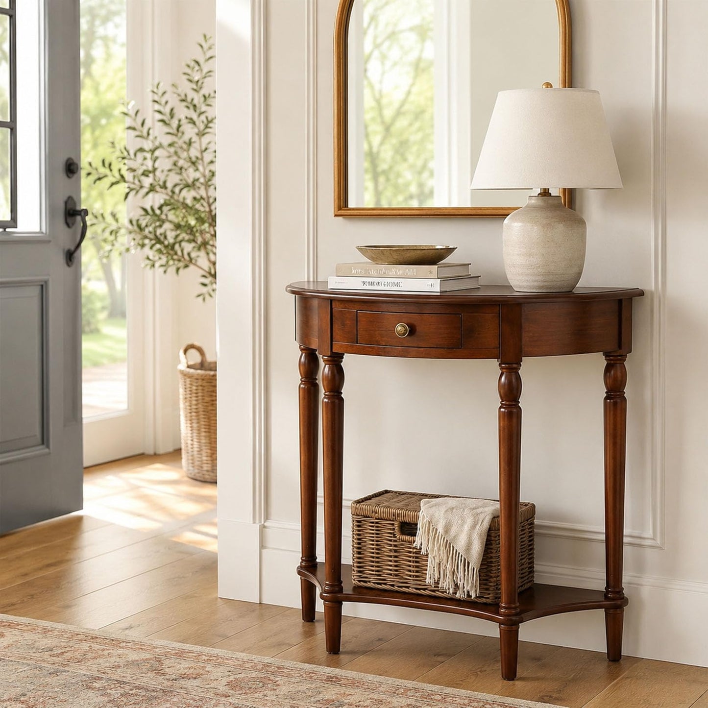 YNVHKFN Half Moon Console Table - Solid Wood Entryway Table with Drawer & Shelf, Narrow Sofa Table for Hallway, Curved Accent Table for Living Room, Foyer, Small Space Storage Table
