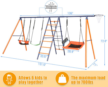 Swing Sets for Backyard 700 lbs - 6 in 1 Multifunction Swing Set Outdoor for Kids Playground, Larger Heavy Duty Metal Swing Stand with 3 Adjustable Swings, Climbing Ladder and Net, Basketball Hoop