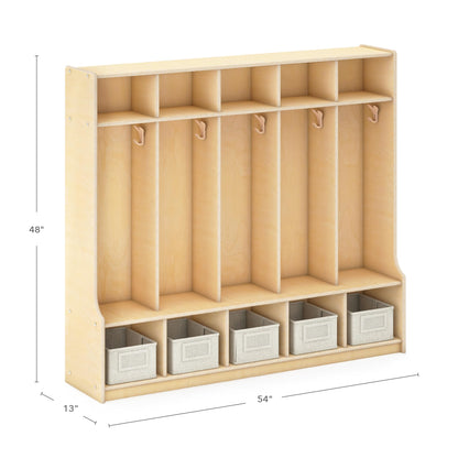 Guidecraft EdQ 5-Section Wooden Storage Locker with Bench Seat for Classroom, Kids Cubby Organizer with Shelves and Hooks for Coats, Divided Playroom Storage with Bins