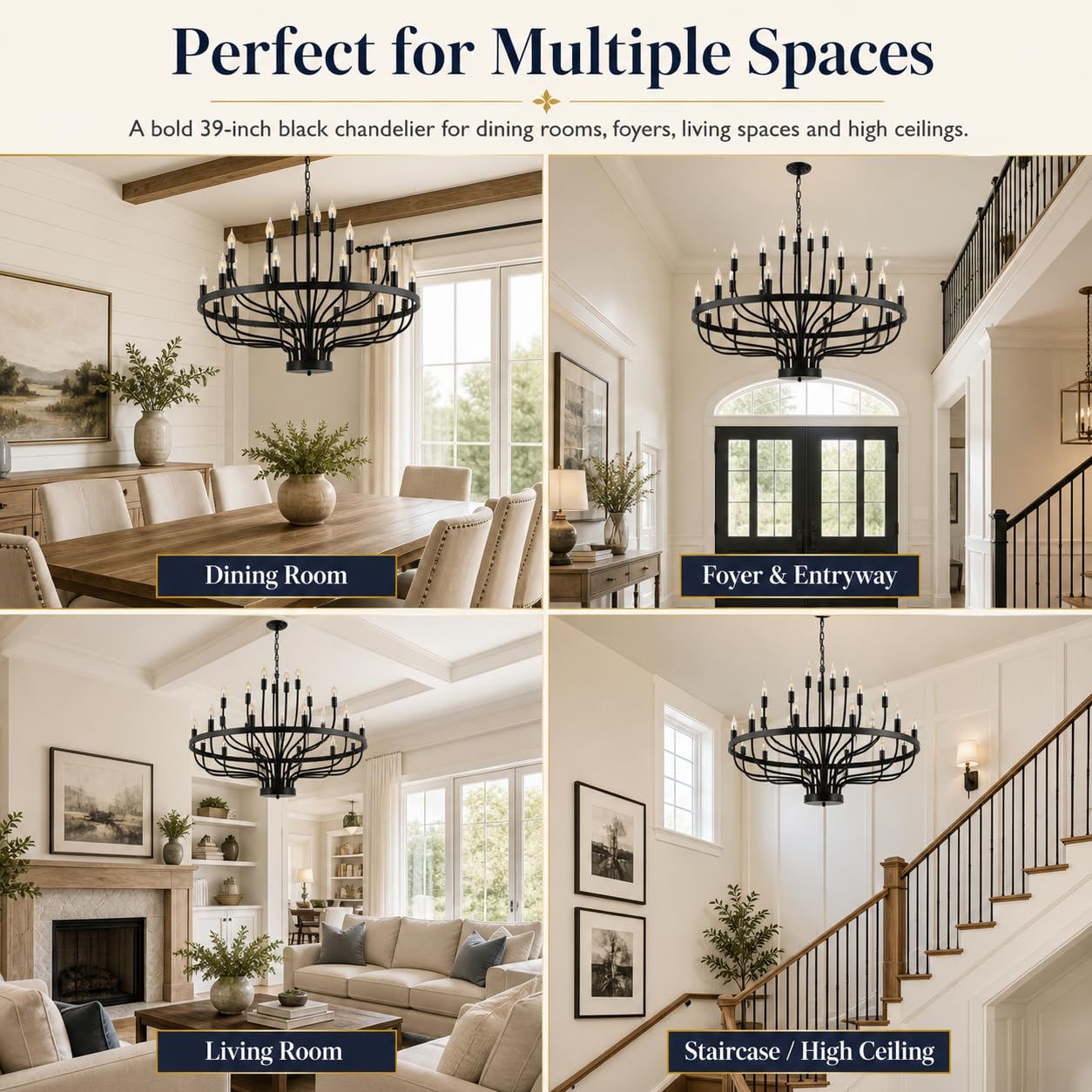 Shandaglo Large Black Chandelier 24-Light, Round 3-Tier Wagon Wheel Fixture, 39 in Farmhouse Candle Pendant with E12 Base for Dining Room, Foyer, Living Room, Hallway, High Ceiling