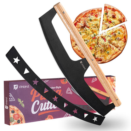 16-Inch Pizza Cutter Rocker Blade, Food Grade Stainless Steel Slicing Knife & Sharp, Rust-Proof, Stylish Rubberwood Wood Handle, Protective Cover - Professional Pizza Oven Accessories, Black
