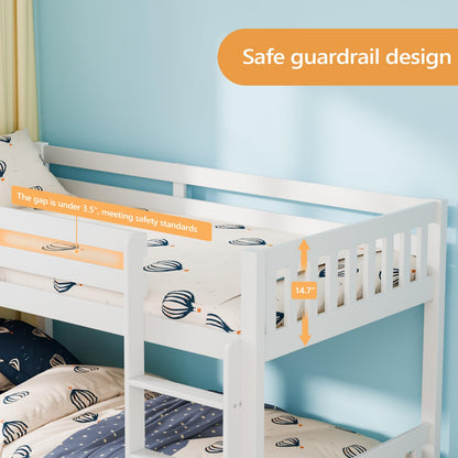 JOYMOR Solid Wood Low Twin Over Twin Bunk Bed for Kids/Junior, Bunk Bed Frame with Guardrails & Ladder for Boys Girls, No Box Spring Needed (White)