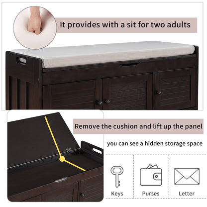 Jintop Wood Storage Bench 3 Shutter-Shaped Doors,Multifunction Shoebox,W/ 2 Size and Removable Cushion & Hidden Savings Space,for Entryway,Bedroom,Living Room,Espresso, 43.5"