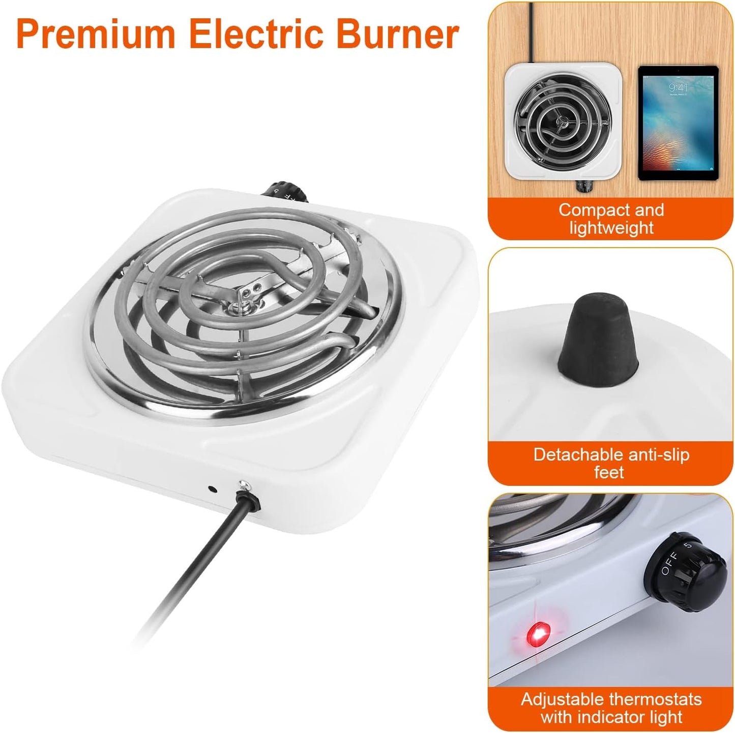 iMounTEK 1000W Electric Stove for Cooking - Electric Single Burner Coil Heating Hot Plate with Non Slip Rubber Feet