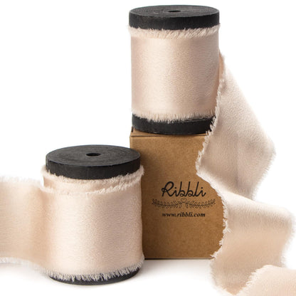 Ribbli Light Champagne Silk Satin Ribbon 1.5 Inch x 12 Yard Handmade Frayed Chiffon Ribbon with Wooden Spool for Gift Wrapping, Wedding Invitations, Bridal Bouquets, Home Decor