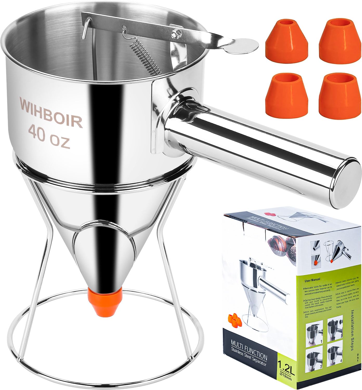 WIHBOIR Stainless Steel Pancake Batter Dispenser with Squeeze Handle and Multi-Nozzle, for Pancakes, Cupcakes, and Baked Goods. 40 oz