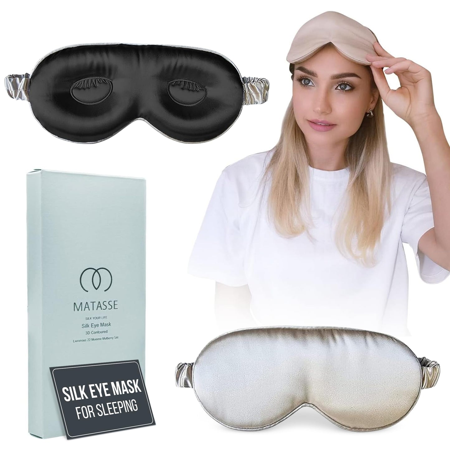 MATASSE Silk Eye Mask for Sleeping with Adjustable Elastic Band - 3D Contoured, Eye Cover Sleep Mask w/Genuine Mulberry Silk Including The Strap for Women, Men (Black)
