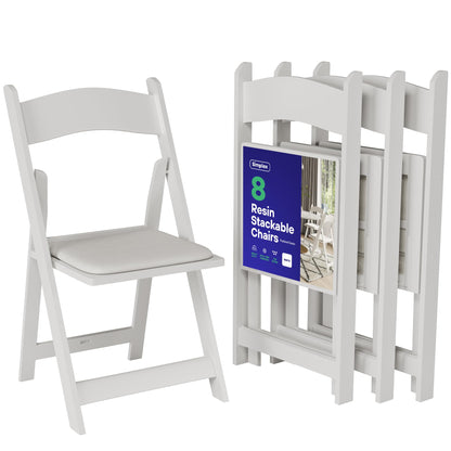 SIMPLEX 8 White Folding Chairs – Resin Stackable Foldable Chairs with Padded Seats – Comfortable White Folding Chairs for Indoor/Outdoor Events – Lightweight Resin Chairs (8 Pack)