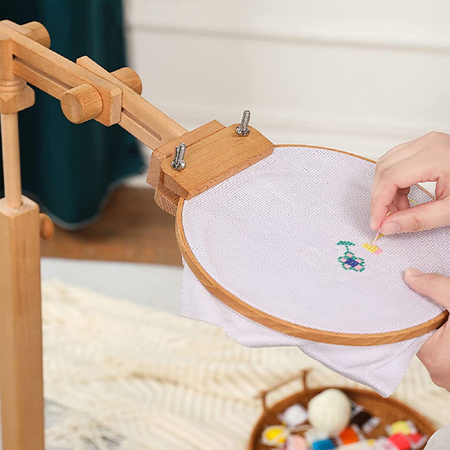 Wooden Embroidery Stand, Needlework Floor Frame, Standing Embroidery Lap Table, Size Adjustable Cross Stitch Floor Stand for Embroidery and Cross Stitch Lovers