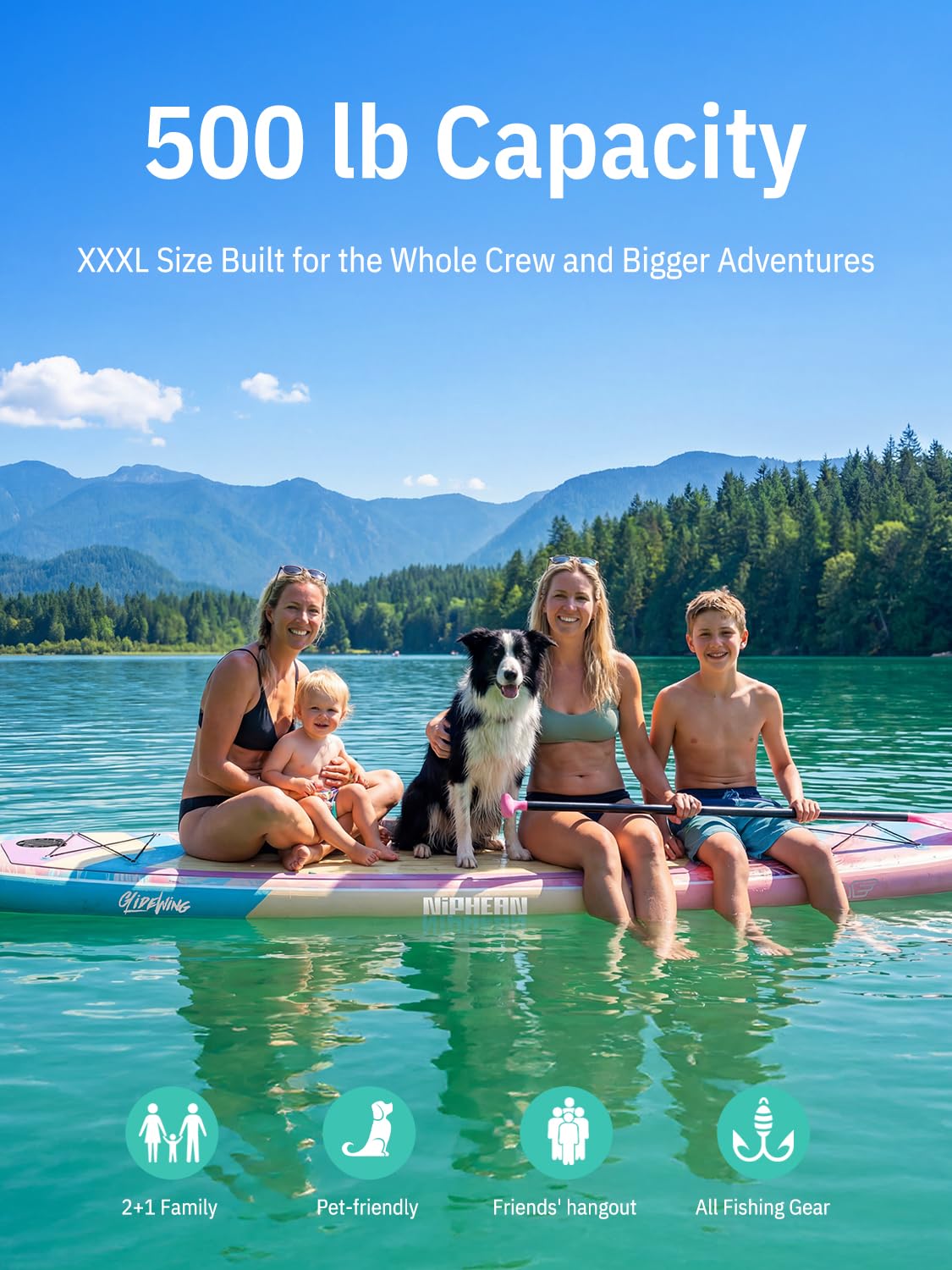 Niphean (Extra Large) Inflatable Paddle Board, SUP for 2+1 People/Family 500lbs Capacity Stand Up Paddle Board with SUP Accessories, StabilTrac Fin Non-Slip Paddleboard for Adults-Cheery