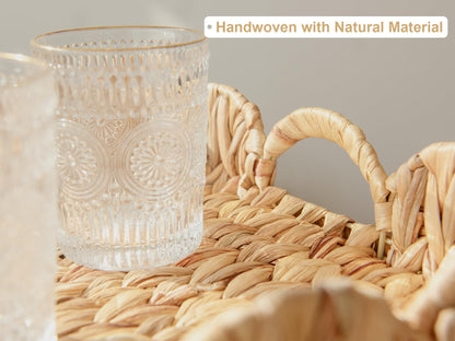 StorageWorks Rectangle Wicker Scalloped Tray, Rattan Serving Trays with Handles, Water Hyacinth Basket for Decorative & Organizing, 15.75" L x 11.5" W x 2.75" H