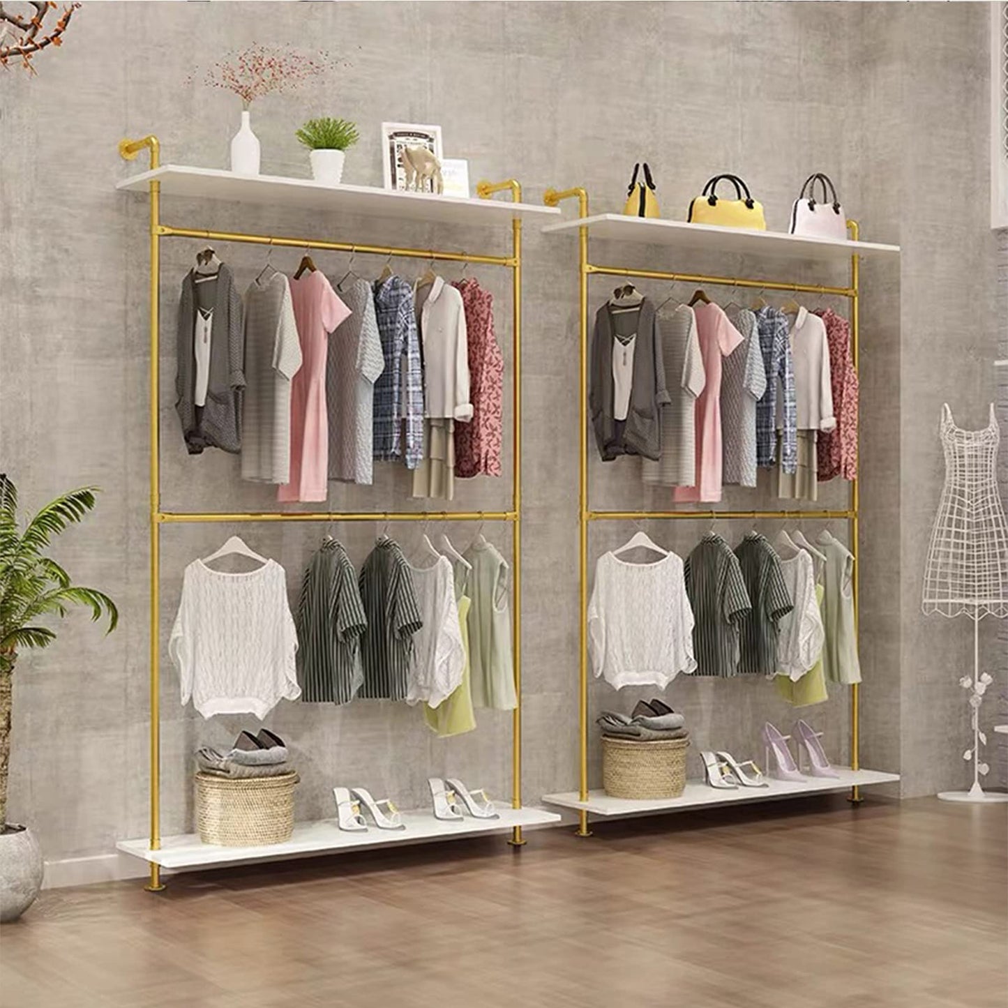 FURVOKIA Modern Simple 2 Tier Industrial Pipe and Wood Garment Rack,Wall Mounted Double Hanging Rods Clothing Rack,Retail Display Storage Clothes Hanging Shelves (One Shelves,Gold, 47.2"L)